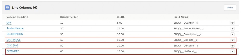 Salesforce CPQ Line Colums Including Unit Price and Extended Column Heading